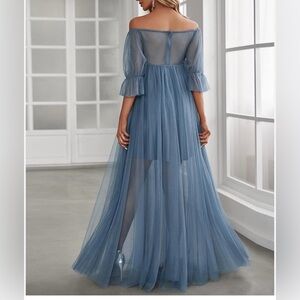 NEW Ever Pretty Blue Off the Shoulder Gown with Bishop Sleeves